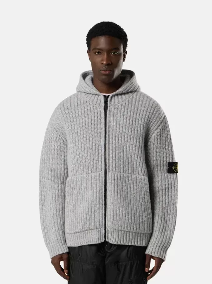 Maglione con cappuccio e zip, tasche e lavorazione a coste